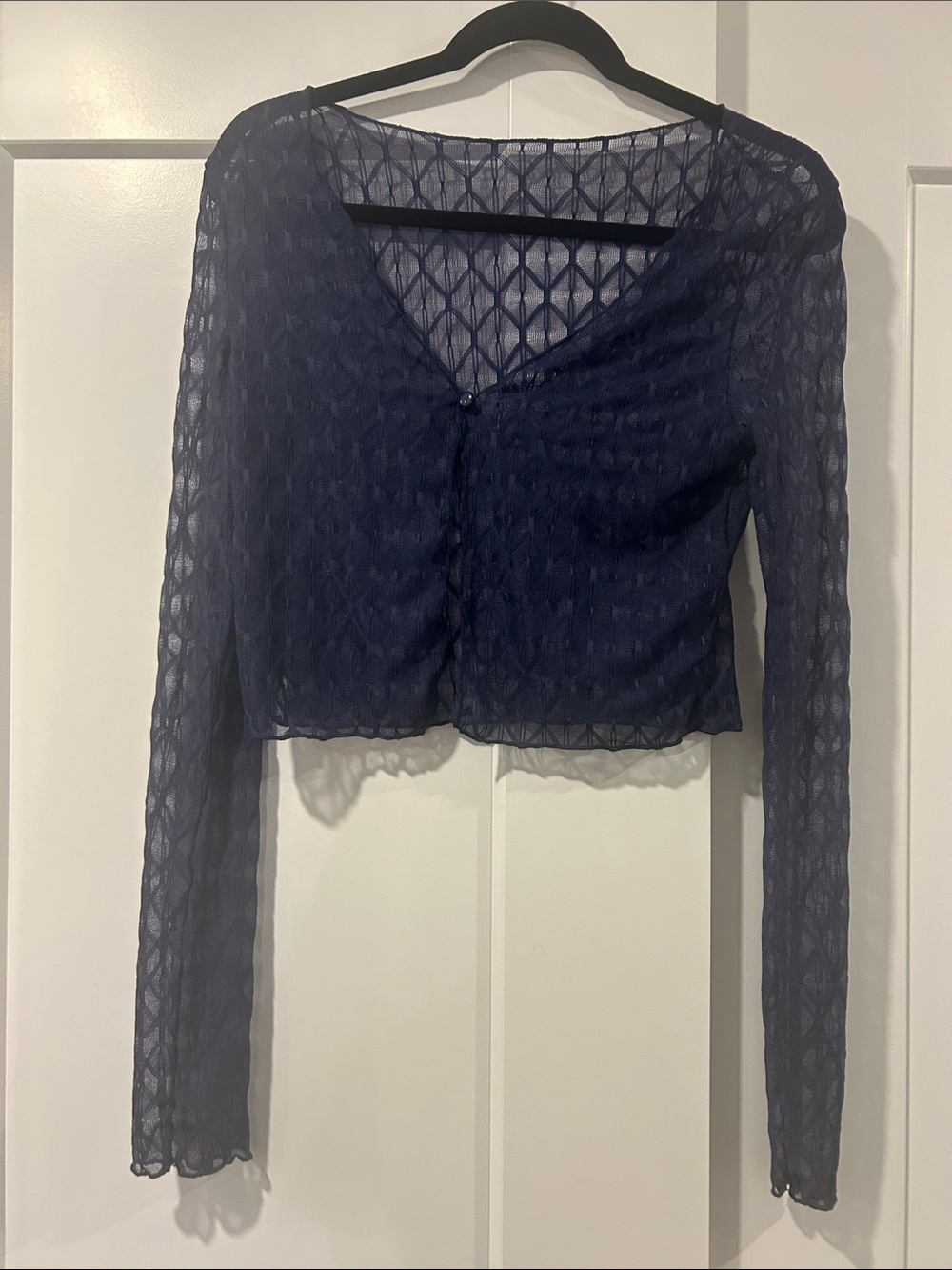 Sheer Navy Long-Sleeve Cropped Cardigan